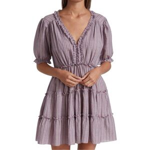 Cinq A Sept Tish Plaid Mini Dress Women's 0 Purple‎ Tiered Ruffle Puff Sleeve